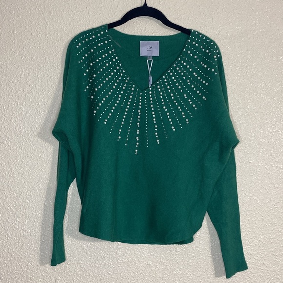 Liv Milano Green Sweater with Pearl Rhinestones NWT Size S - Picture 8 of 13